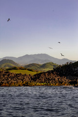 hermoso paisaje de la costa con rocas y montañas en roca partida veracruz , mexico.
