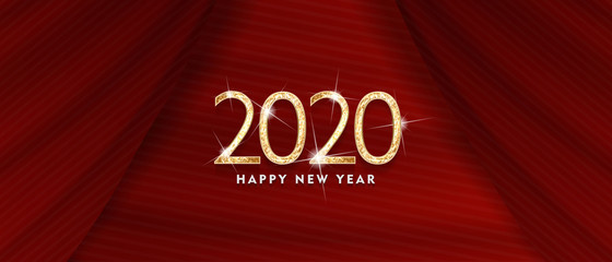 2020 Happy new year. Gold Design of greeting card. Gold Shining Pattern. Happy New Year Banner with 2020 Numbers on Bright Background. Vector illustration	