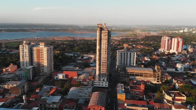 Buildings, Skyscrapers, River, Sunset, Asuncion capital of Paraguay, aerial view