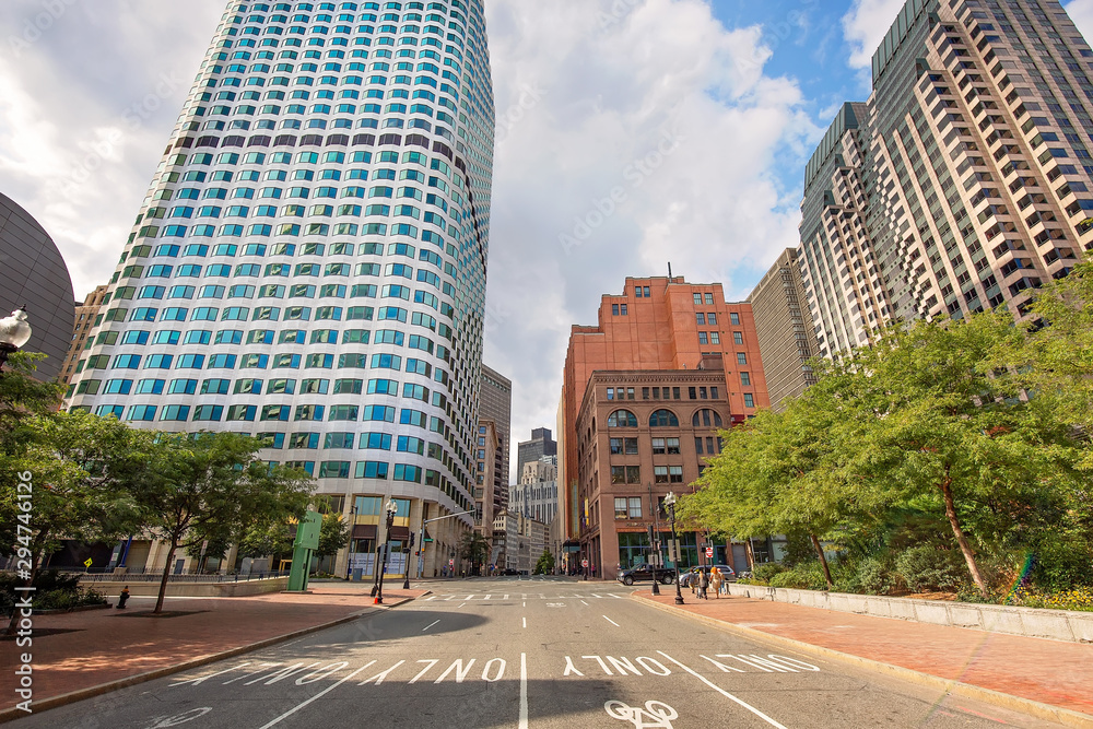 Sticker Boston, MA, USA-20 July, 2019: Boston downtown financial district and city skyline