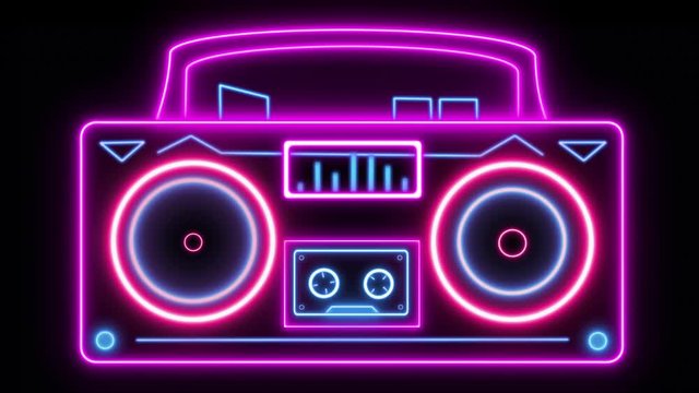 1980s style ghetto blaster with looping vibrating speakers and rolling cassette player