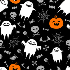 halloween pattern with ghosts and pumpkins, bats, cobwebs, skulls
