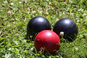 Red and Black Bocce Balls on the Lawn