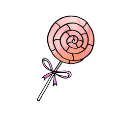 Watercolor candy cane, sweets, lollipop. New year and Xmas line art, doodle, sketch, hand drawn. Simple color illustration for greeting cards, invitation cards, calendars, prints, children's  book