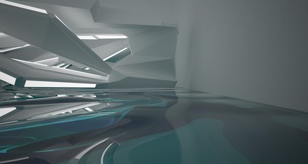 Abstract white interior with water and neon lighting. 3D illustration and rendering.