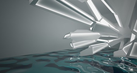 Abstract white interior with water and neon lighting. 3D illustration and rendering.