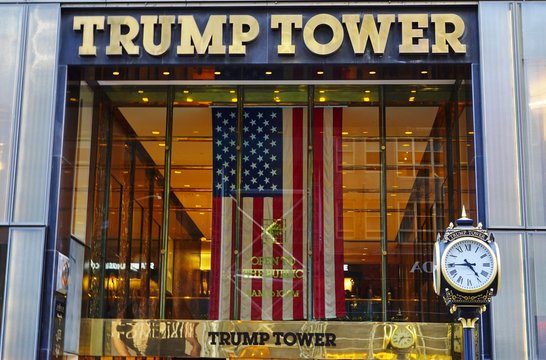 NEW YORK, NY -4 OCT 2019- View of the landmark Trump Tower building on Fifth Avenue in New York, home to Republican president Donald J. Trump.
