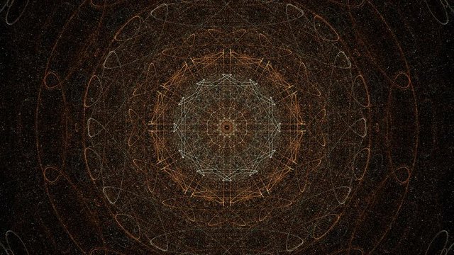 Circular mandala pattern of small particles moves slowly then fades to black	