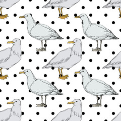 Vector Sky bird seagull in a wildlife. Black and white engraved ink art. Seamless background pattern.