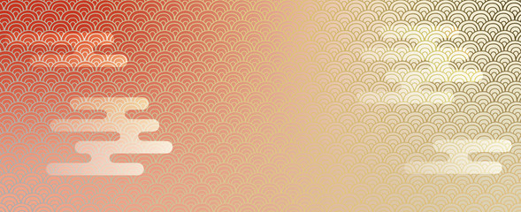 青海波文と霞の和柄背景　赤金