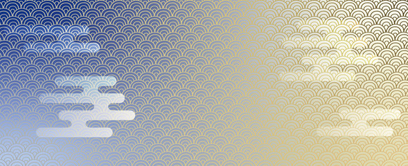 青海波文と霞の和柄背景　青金
