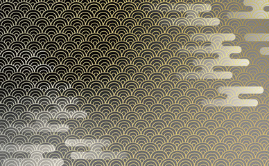 青海波文と霞の和柄背景　黒金
