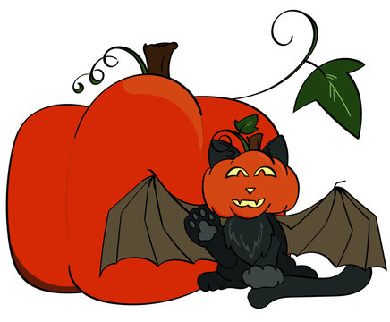 Halloween Themed Cat with Bat Wings and a Pumpkin Head
