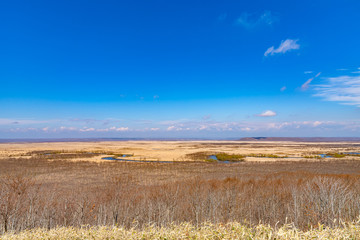 Kushiro Shitsugen national park in Hokkaido in spring day, view from Hosooka observation deck, the largest wetland in Japan. The park is known for its wetlands ecosystems