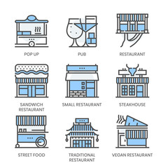 Restaurant types related, square line color vector icon set for applications and website development. The icon set is editable stroke, pixel perfect and 64x64.