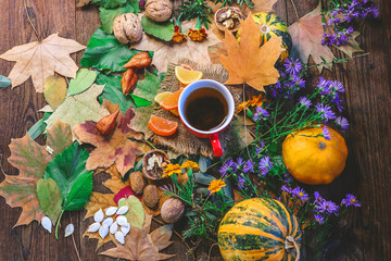red cup of tea on a wooden table with autumn leaves, nuts and pumpkins.