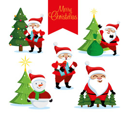 bundle christmas with santa claus and snowman vector illustration design