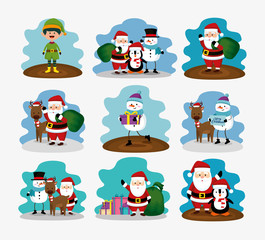 bundle christmas with reindeer and set characters vector illustration design