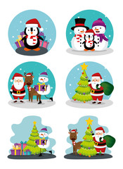 bundle christmas scenes with set icons vector illustration design
