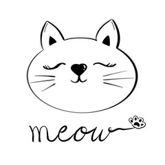 Hand drawing. Cute Meow (Cat) isolated on white background. Can be use for sticker, icon, badge, logo, card or decorate any advertising.