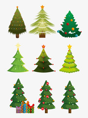 bundle christmas trees with set icons vector illustration design