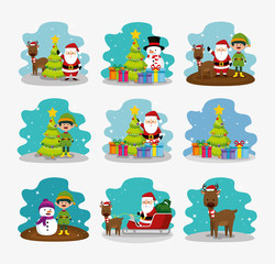 bundle christmas with snowman and set characters vector illustration design