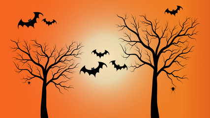 Halloween scary background. Spooky forest with full moon and flying bats on orange background. Celebration theme.