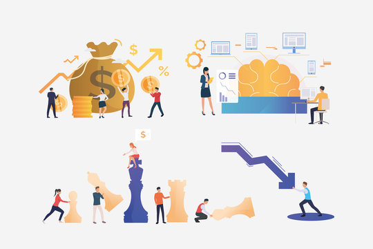 Set of finance management illustrations. People carrying money to sack, stopping decrease chart arrow, playing chess. Business concept. Vector illustration for posters, presentations, landing pages