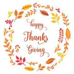 Lettering poster of thanksgiving, with graphic pattern autumn leaf flower frame. Vector