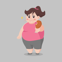 Big Fat Happy woman intend to lose weight, enjoy eat fast food, junk food, chicken drumstick, big size, diet healthy cartoon, Lifestyle healthy Healthcare concept cartoon character flat vector design.