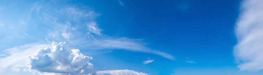 Panorama sky with cloud on a sunny day. Beautiful cirrus cloud. Panoramic image.