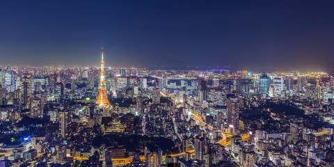 Obraz premium Pejzaż panoramę Tokio, panoramiczne wieżowce lotnicze Widok na budynek biurowy i centrum Tokio w godzinach wieczornych.