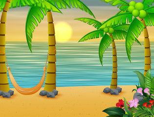 Coconut trees with swing bed on the beach