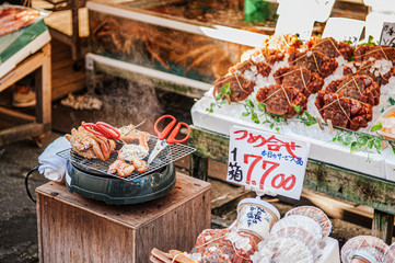Grill Japanese horsehair crabs or Kegani at Hakodate Asaichi fish market
