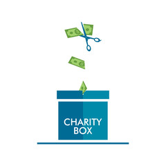 Cutting money drop down into the blue box charity
