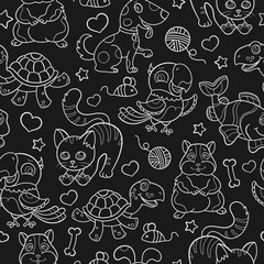 Seamless pattern with cute Pets, light outlines on dark background