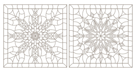 Set contour illustrations of stained glass with snowflakes in the framework of, square image