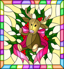Illustration in stained glass style for New year and Christmas, plush moose, Holly branches and ribbons on a yellow background in a bright frame