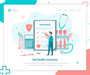 Fototapeta na wymiar Healthcare, finance and medical service. Creative landing page design template. Health insurance concept. Flat vector illustration.