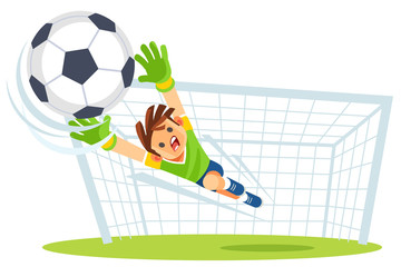 Goalkeeper catches the ball. Kids sports. Vector illustration.