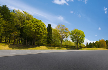 Fototapeta na wymiar Rural setting with empty black tramac street path with side walk trees and blue sky