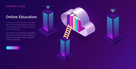 Online education isometric concept vector illustration. Open book and cloud with library on violet background, landing web site page for educational or language courses © klyaksun