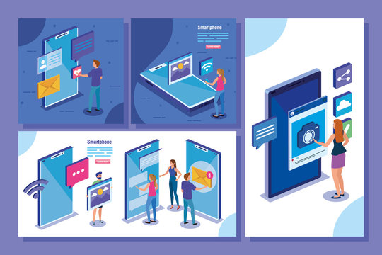 set of scenes with smartphone and social media icons vector illustration design