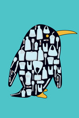 Garbage inside penguin shape, vector illustration, plastic pollution concept