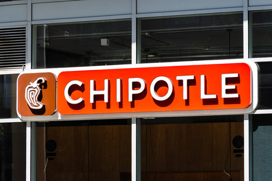 Sep 21, 2019 San Francisco / CA / USA - Close up of Chipotle sign at one of their restaurant location in SOMA district; Chipotle Mexican Grill, Inc is an American chain of fast casual restaurants