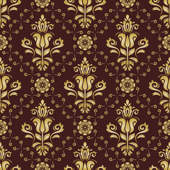 Classic seamless vector pattern. Damask orient ornament. Classic vintage background. Orient brown and golden ornament for fabric, wallpaper and packaging