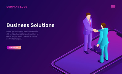 Business solution and agreement isometric concept vector illustration. Two businessmen standing on mobile phone screen and shake hands, successful deal conclusion, partnership and cooperation banner