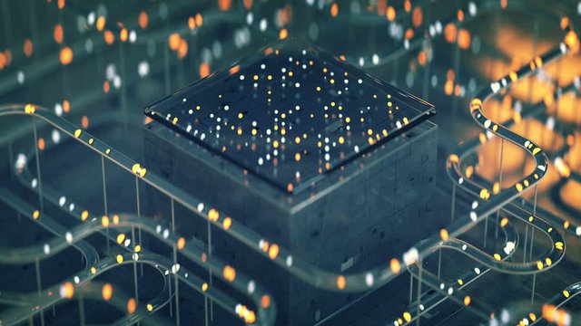 Futuristic technology abstraction with specular tubes and glowing lights. Seamless loop 3D render animation with DOF