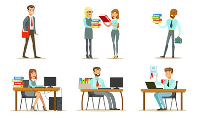 People Working in the Office Set, Male and Female Business Characters Sitting at Desks with Computers and Standing, Office Work Occupation Moments Vector Illustration