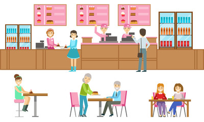 People Choosing and Buying Desserts at Confectionery, Male Seller Serving Customers at Bakery Shop or Cafe Vector Illustration